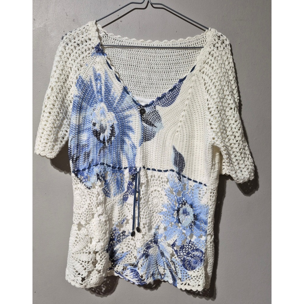 Boho Crochet Knit Floral Top Blue White‎ V-Neck Drawstring Short Sleeve Blouse